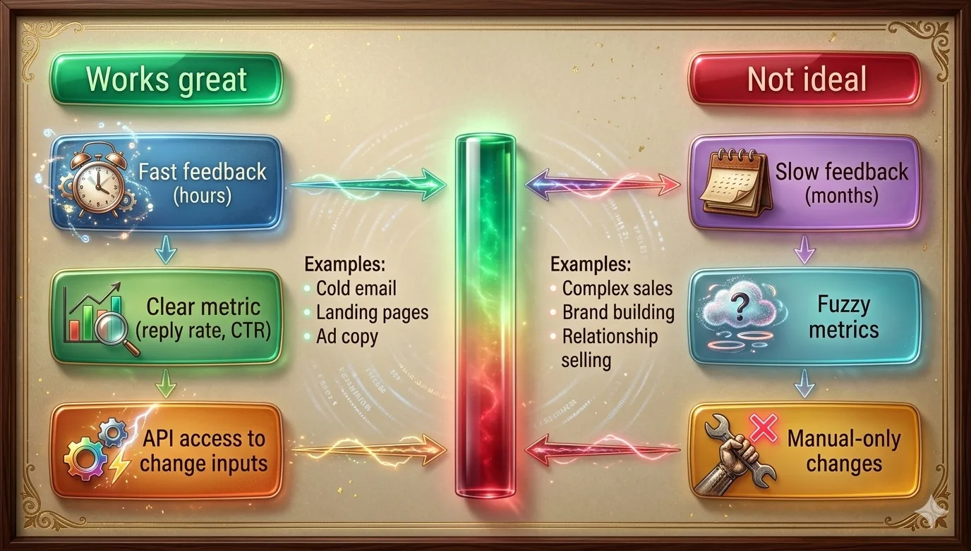 When autoresearch works best: fast feedback loops, clear metrics like reply rate or CTR, and API access to change inputs
