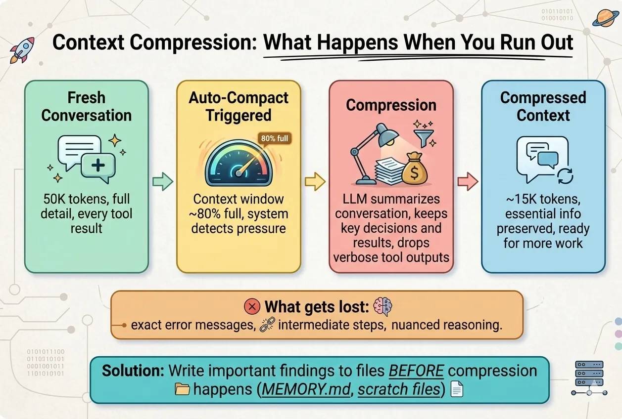 Context Compression — what happens when the context window fills up: auto-compact triggers, LLM summarizes, and some detail is lost